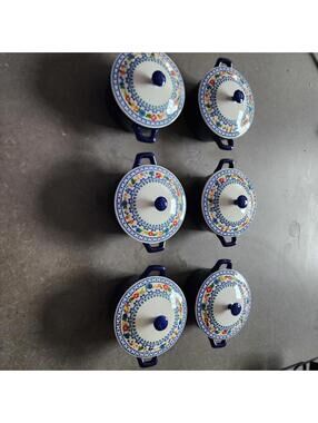 Never used set of 6 Pioneer Woman Mini Casserole lids 14.4 Oz Colbalt flawless